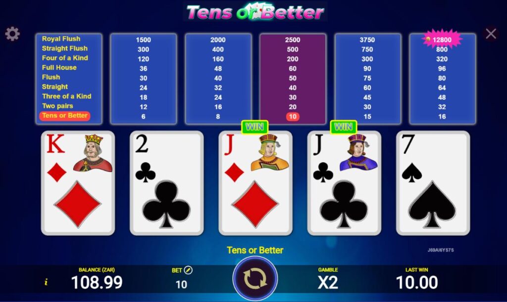 tens or better video poker